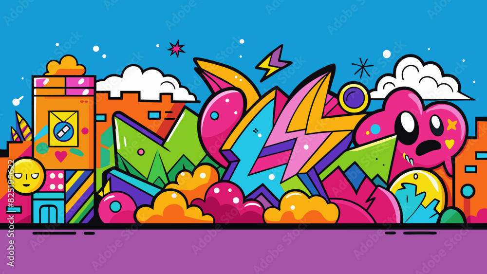 Poster A brightly colored wall covered in intricate graffiti filled with bold shapes and patterns.. Cartoon Vector.