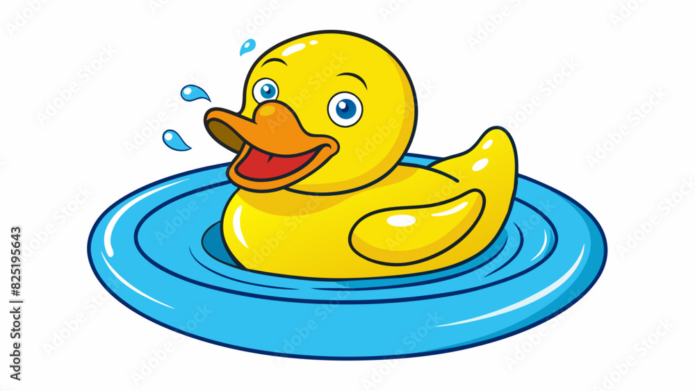 Poster a bright yellow rubber duck with a big smile on its face. its body is round and smooth and its feet 