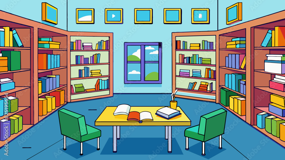 Poster a brightly lit library with shelves filled with books of all genres and quiet study spaces complete 