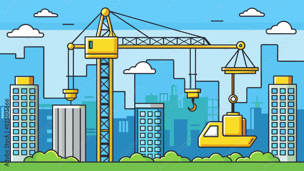 Poster A bright yellow construction crane towering above a skyline its size and strength demonstrating its power to lift heavy loads and shape the landscape.. Cartoon Vector.