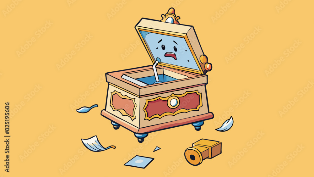 Poster A broken music box with its delicate figurine missing and its music no longer playing embodying the loss of innocence and wonder.. Cartoon Vector.