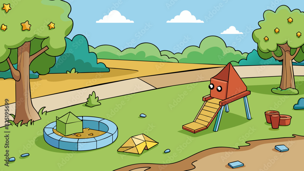 Poster A broken plastic toy missing pieces and covered in dirt left behind in the park.. Cartoon Vector.