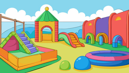 Fototapeta premium A brightly colored childrens play area with soft mats covering the ground and padded walls. There are jungle gym structures slides and climbing walls. Cartoon Vector.