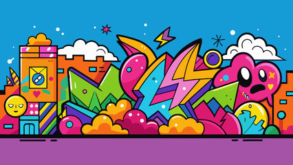 A brightly colored wall covered in intricate graffiti filled with bold shapes and patterns.. Cartoon Vector.