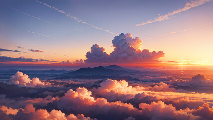 Anime wallpaper flying above the clouds at late afternoon