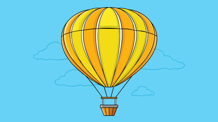 Obraz premium A bright yellow hot air balloon floating high in the sky its colorful stripes and billowing fabric representing countless possibilities. The basket. Cartoon Vector.