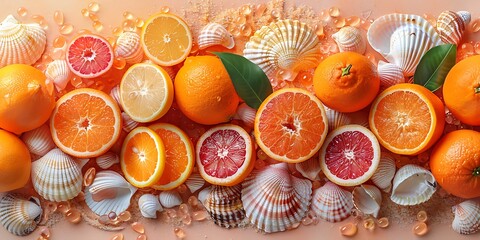 Bright and vibrant composition of sliced citrus fruits and seashells evoking a tropical and...
