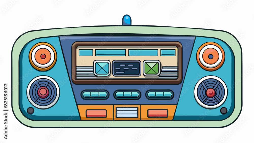 Poster A car dashboard with a digital display and buttons playing music and news broadcasts through the vehicles speakers.. Cartoon Vector.
