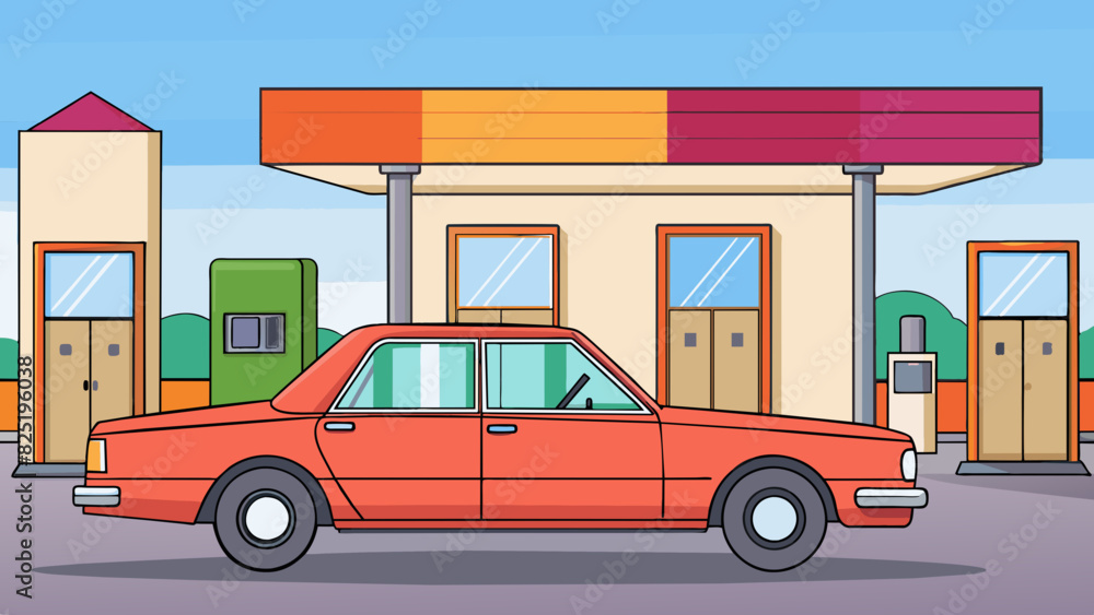 Poster a car parked at a gas station assume it is a sedan based on its four doors sleek design and lack of 