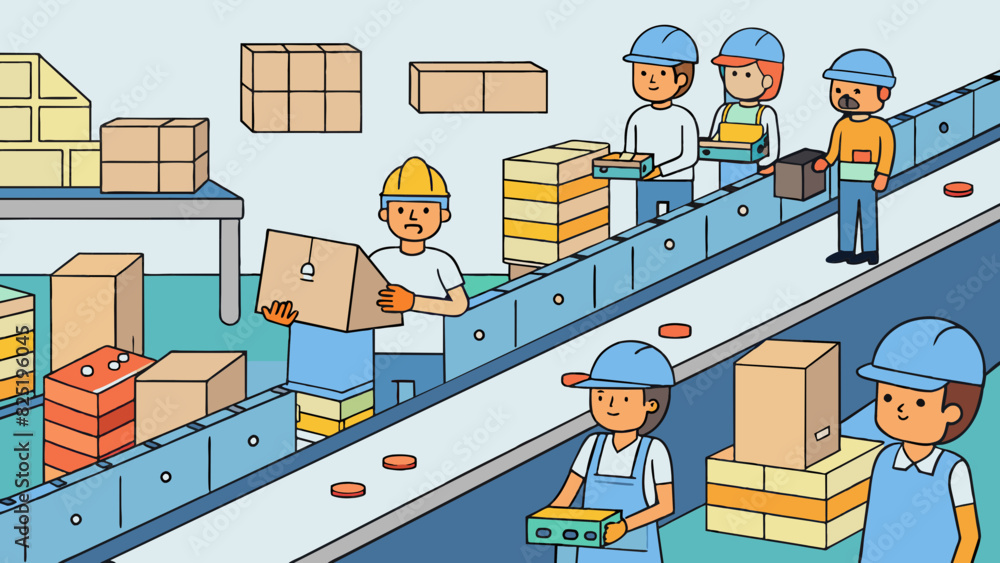 Aufkleber a buzzing factory with conveyor belts and machines churning out products at a fast pace. the workers