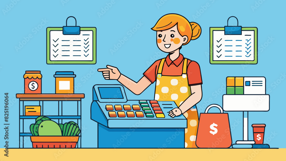 Poster A cashier at a grocery store scanning various items and adding up the prices to get the total amount due.. Cartoon Vector.