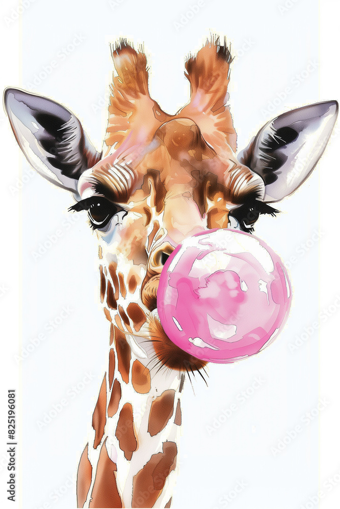 Wall mural painting of a giraffe chewing a bubble with a pink bubble