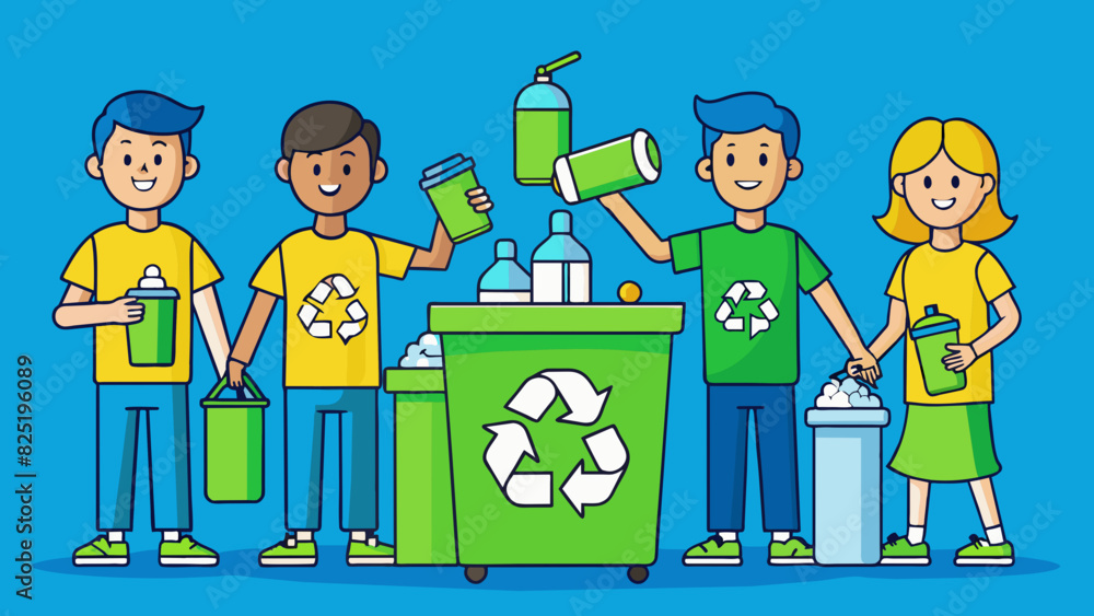 Poster a campaign to promote recycling a group of people working together to collect and sort different typ
