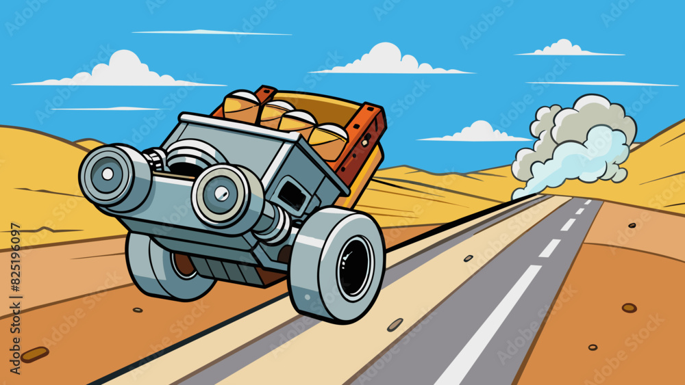 Poster A car engine revving tires screeching as it speeds down a deserted highway leaving behind a cloud of dust in its wake.. Cartoon Vector.