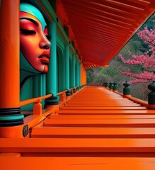 Fototapeta premium A fusion of traditional Japanese architecture and modern art. A vibrant orange wooden corridor with teal accents leads to an outdoor setting with blossoming cherry trees - AI Generated Digital Art