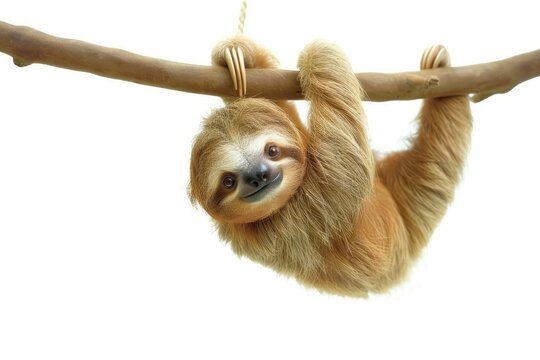 Adorable baby sloth hanging from a branch isolated on white background