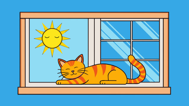 A cat napping comfortably across a windowsill soaking up the warm sunshine and occasionally flicking its tail.. Cartoon Vector.