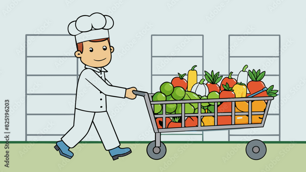 Poster a chef pushing a cart full of vegetables in a grocery store. the cart is made of metal and has four 