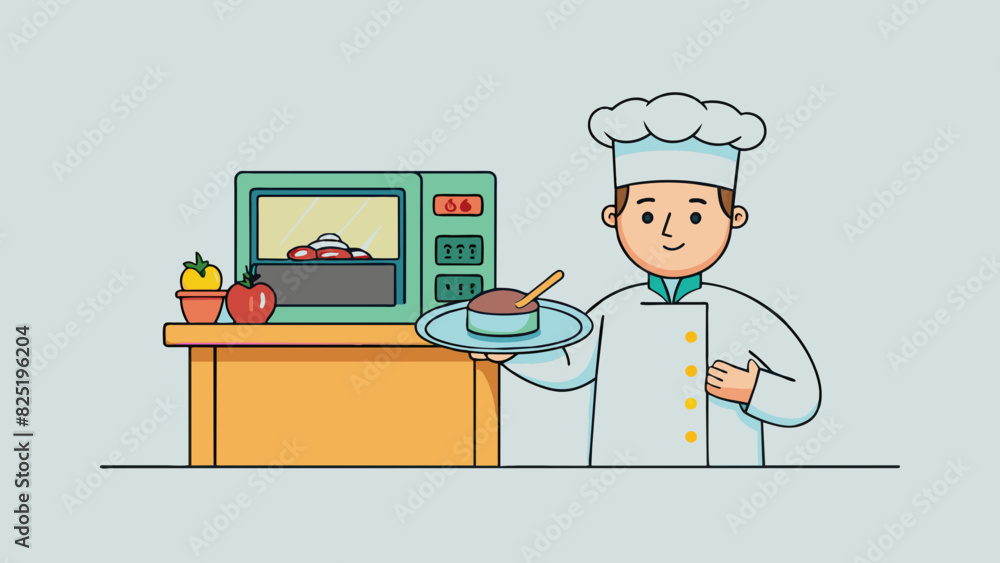 Poster A chef is preparing a dish and looks at a digital timer on the stove. The timer reads 0001 indicating that it has been one second since the dish was p. Cartoon Vector.