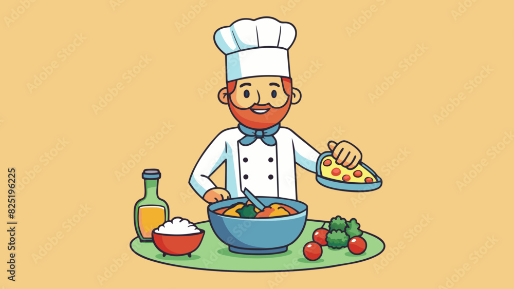 Poster A chef carefully adding ingredients to a dish slowly building up layers of flavor and complexity. With each additional ingredient the dish gains more. Cartoon Vector.