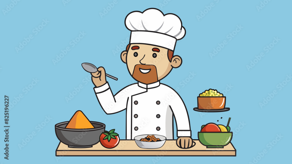 Poster a chef tasting a dish identifying the different flavors and ingredients used. the dish has a balance