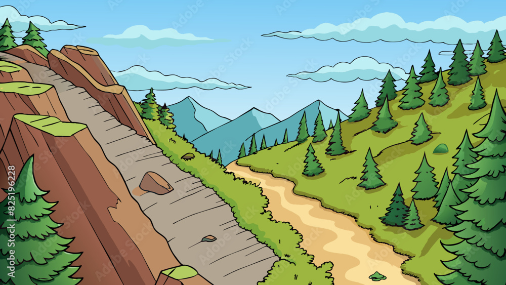 Poster a challenging walk up a steep mountain trail with rocky terrain and dense foliage on either side. th