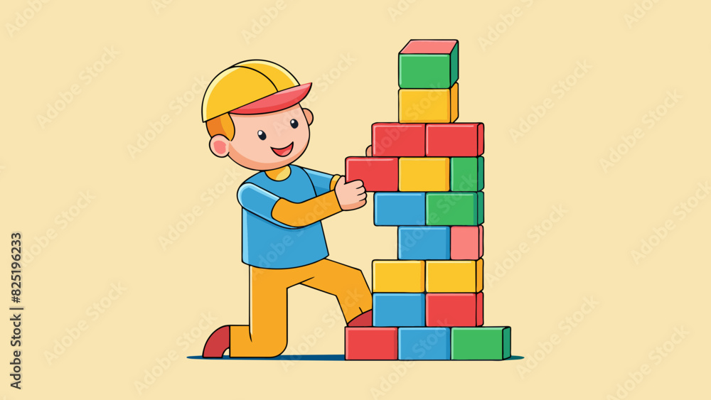 Poster A child building a tower out of blocks and decides to add another block on top. The new block is brightly colored and has smooth edges making it easy. Cartoon Vector.