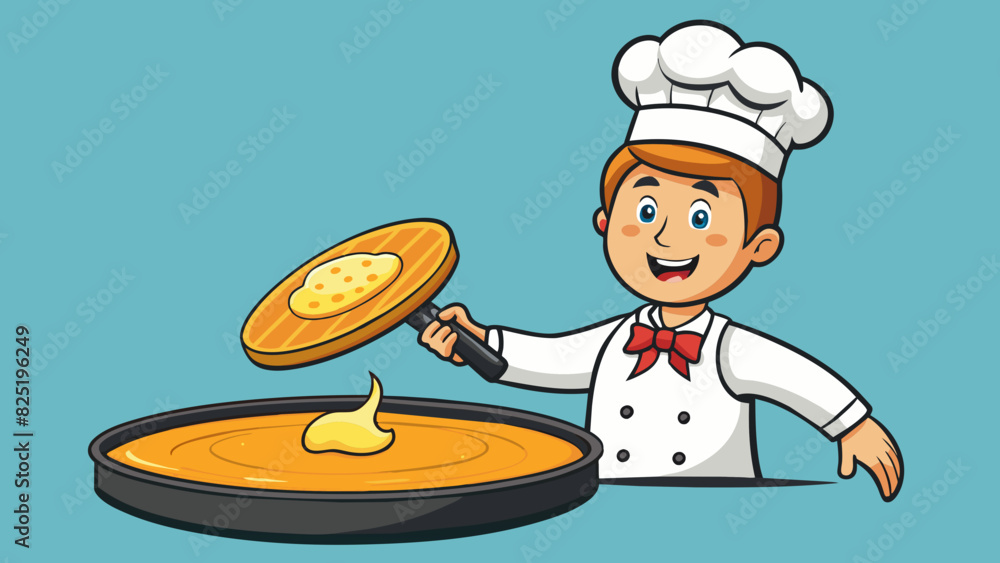Poster a chef expertly flipping a pancake in a skillet the edges of the pancake golden brown and crispy. th
