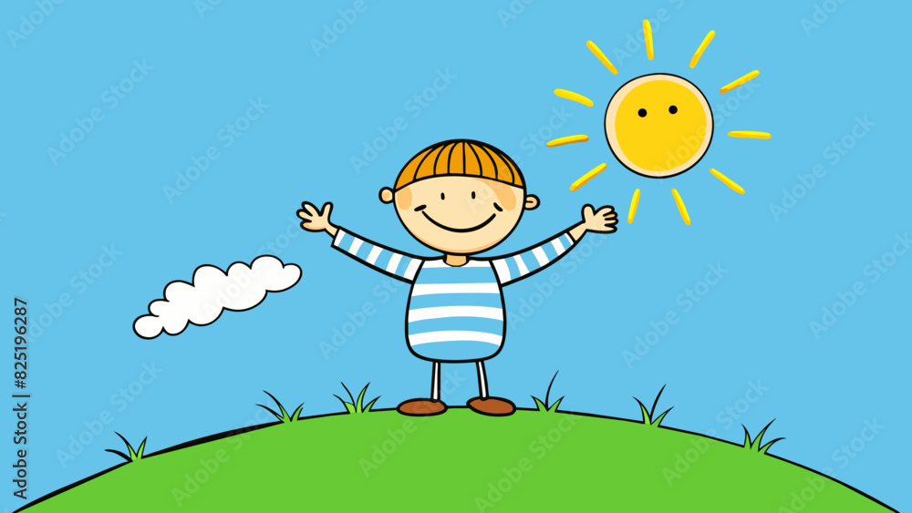 Poster a child drawing a stick figure with a big smile and outstretched arms. the figure is wearing a strip