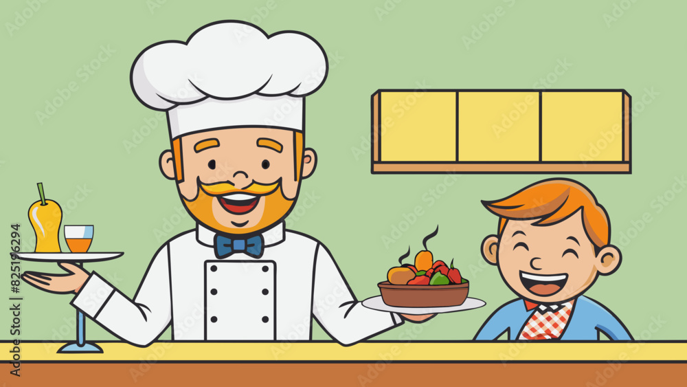 Aufkleber a chef smiles triumphantly as they place a beautifully plated meal down in front of a customer. the 
