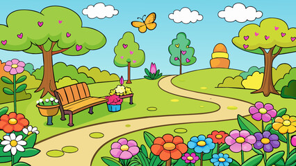 A charming garden filled with vibrant blooms winding paths and hidden nooks. Colorful butterflies flutter a the flowers and birds can be heard. Cartoon Vector.