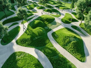 Green Urban Park with Intricate Pathways and Lush Landscaping