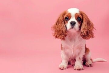Cute Cavalier King Charles Spaniel on a pink background