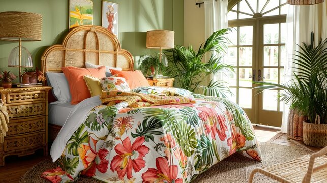 Tropical-themed bedroom with rattan furniture, bright floral bedding, and large potted palms