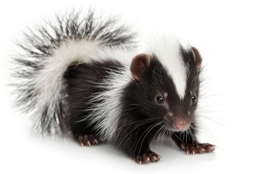 Cute baby skunk with a fluffy tail isolated on white background