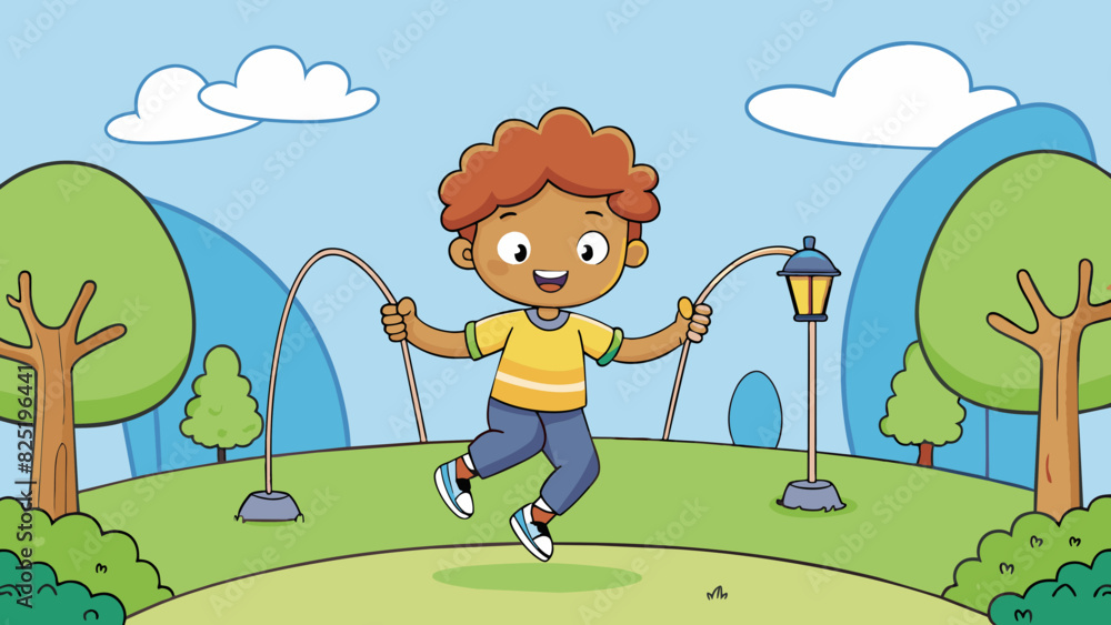 Poster a child skipping in a park the childs energetic skips bounce them up and down their feet ly touching