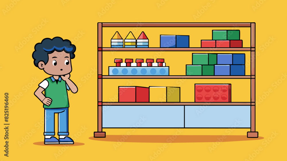 Poster a child stood in front of a rack of toys at the store carefully considering their options. they fina