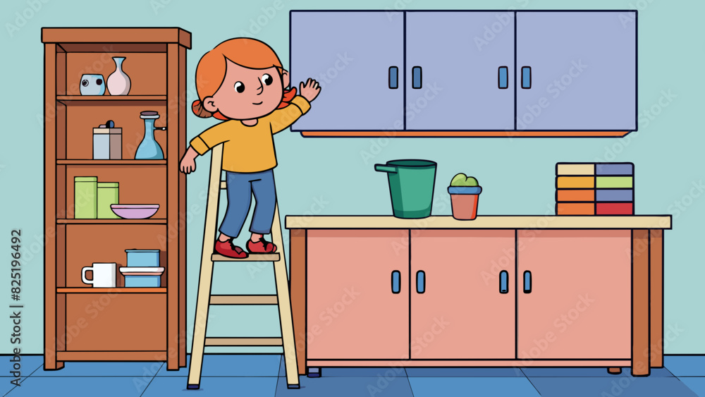 Poster A child using a stool to reach a high shelf in a kitchen cabinet. The stool is made of sy plastic and has two steps for the child to climb on.. Cartoon Vector.