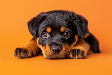 Fototapeta premium Cute Rottweiler puppy with a soft expression on an orange background