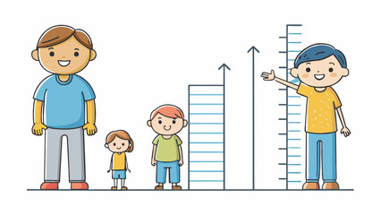 A childs height chart shows gradual progress over the years marking each new inch with a simple pencil line. With each measurement the child marvels. Cartoon Vector.