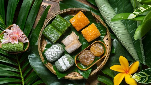 Traditional Thai desserts beautifully arranged on a wooden plate, featuring foi thong, thong yip, and thong yod surrounded by banana leaves