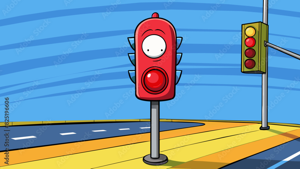 Poster A circular red light p at a busy street intersection flickers on and off signaling a stop for the passing vehicles. It has a diameter of about 8. Cartoon Vector.