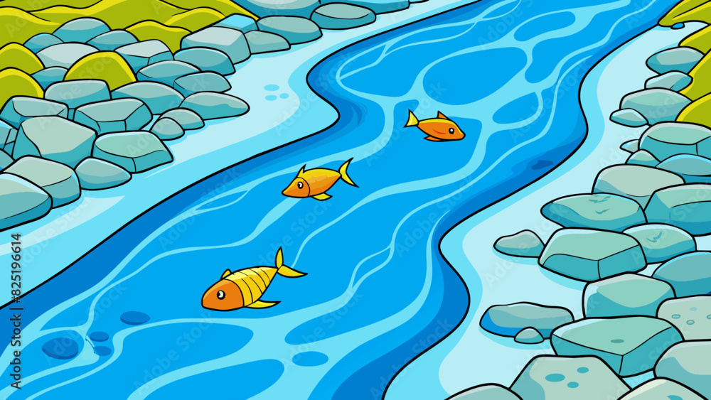 Poster A clear stream flows over smooth rocks its crystal blue waters teeming with life as colorful fish swim and dart between the pebbles.. Cartoon Vector.