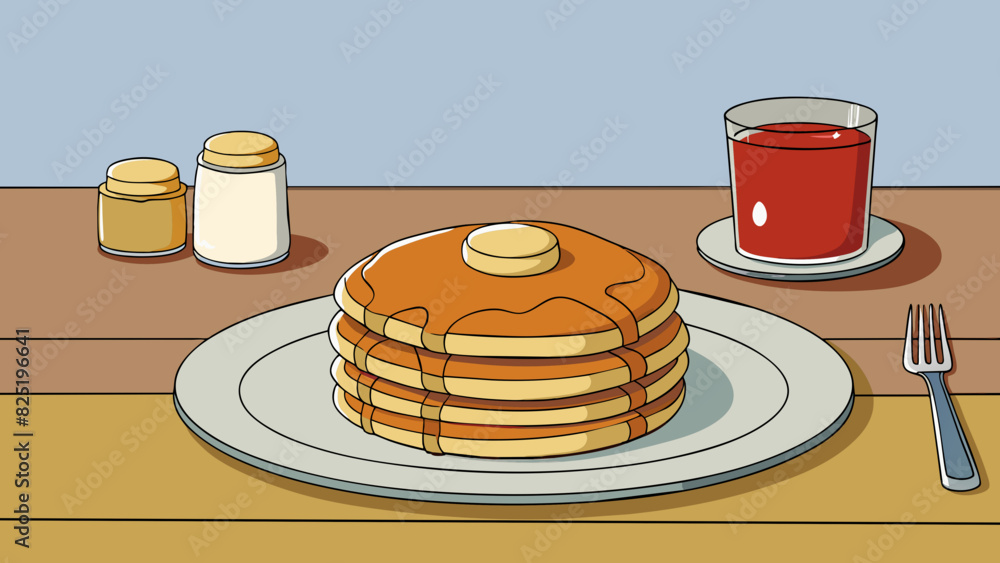 Poster a circular silver dinner plate on the table holding a stack of fluffy pancakes drizzled with syrup..