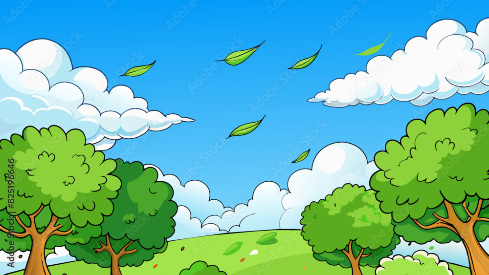 Poster a clear blue sky with puffy white clouds drifting lazily overhead. the trees are lush and green thei
