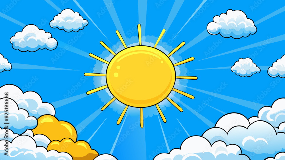 Poster a clear blue sky with fluffy white clouds tered throughout and a bright and warm sun shining down.. 