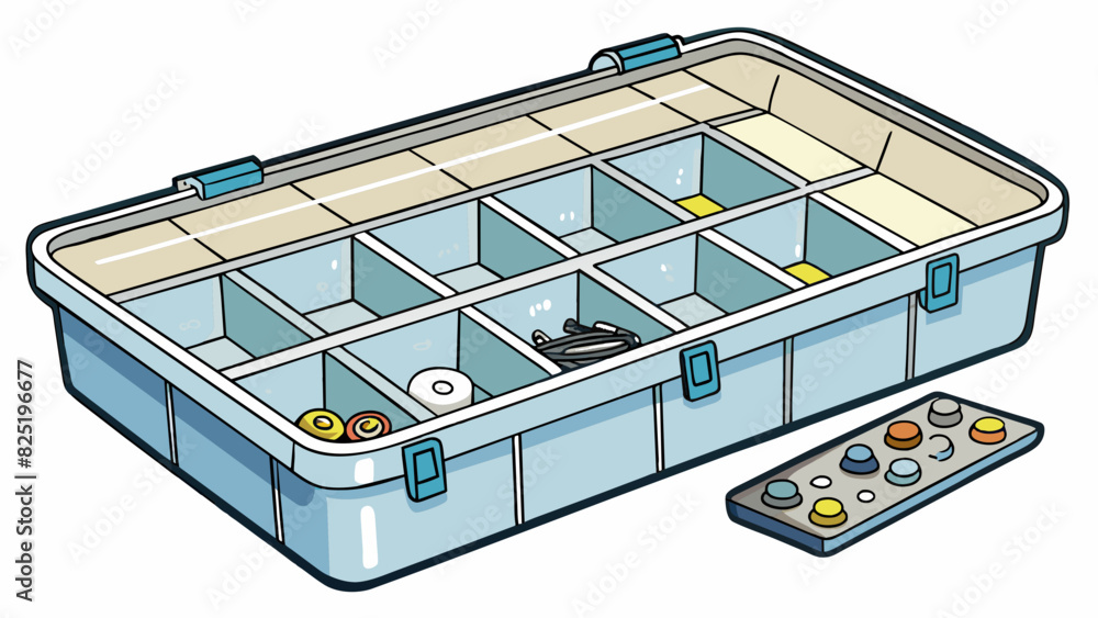 Poster A clear plastic box with several compartments inside labeled with different types of screws and nails. The lid snaps open and shut easily and the box. Cartoon Vector.