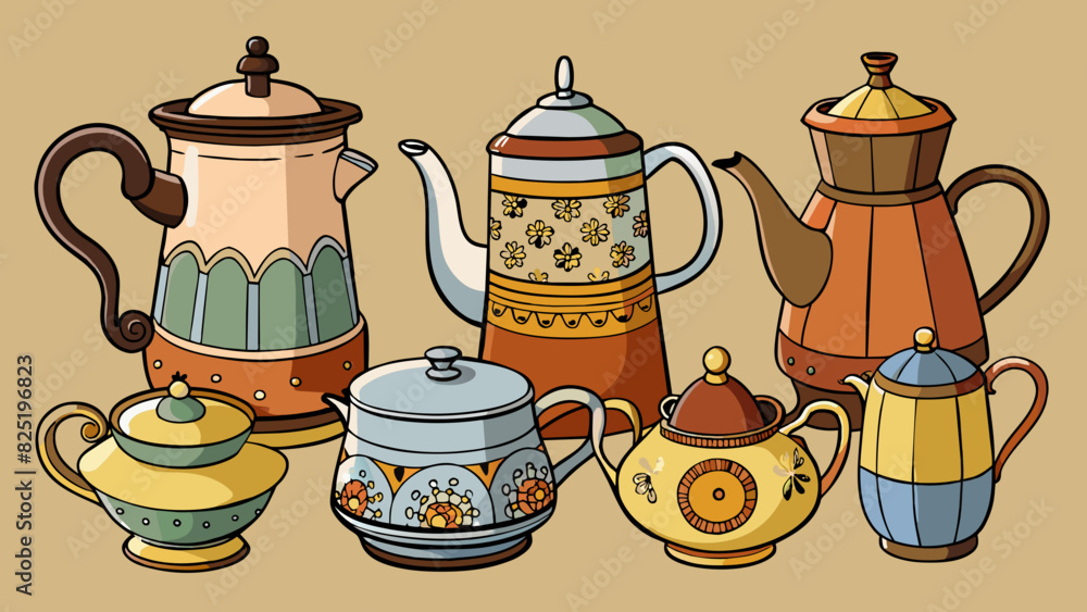 Poster A collection of antique teapots This collection features a range of teapots from different time periods and countries. They come in various shapes. Cartoon Vector.