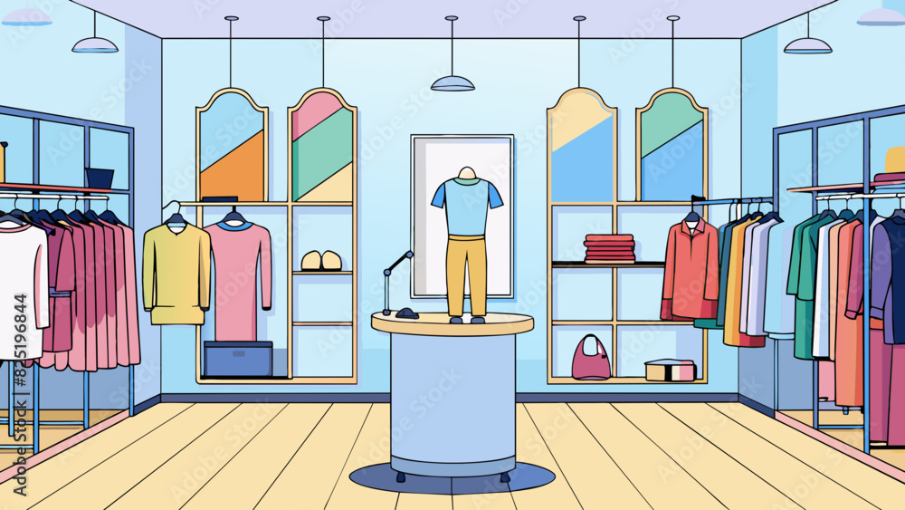 Poster a clothing boutique with racks of stylish clothes arranged by color and style. smooth jazz music pla