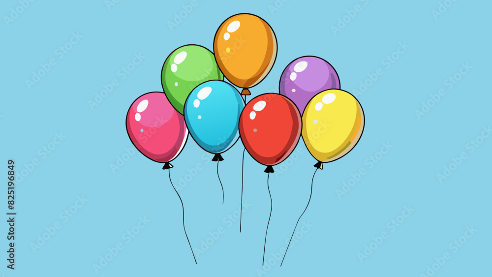 Poster A collection of eight balloons floating in the air each balloon is a different color and size with a string attached to its bottom.. Cartoon Vector.